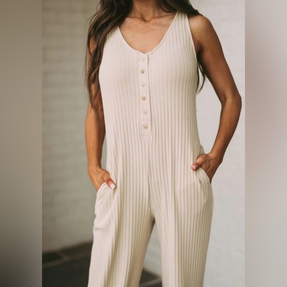 By Together Cream Ribbed Sleeveless Jumpsuit
